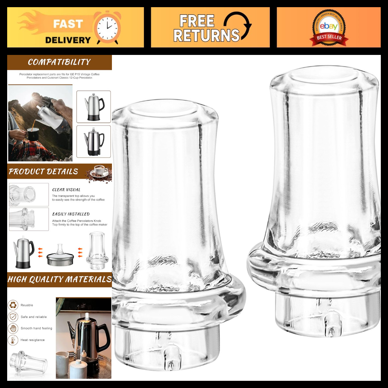 2 Pcs Coffee Percolator Knob Top Replacement - Fits GE & Cuisinart 12 Cup Models