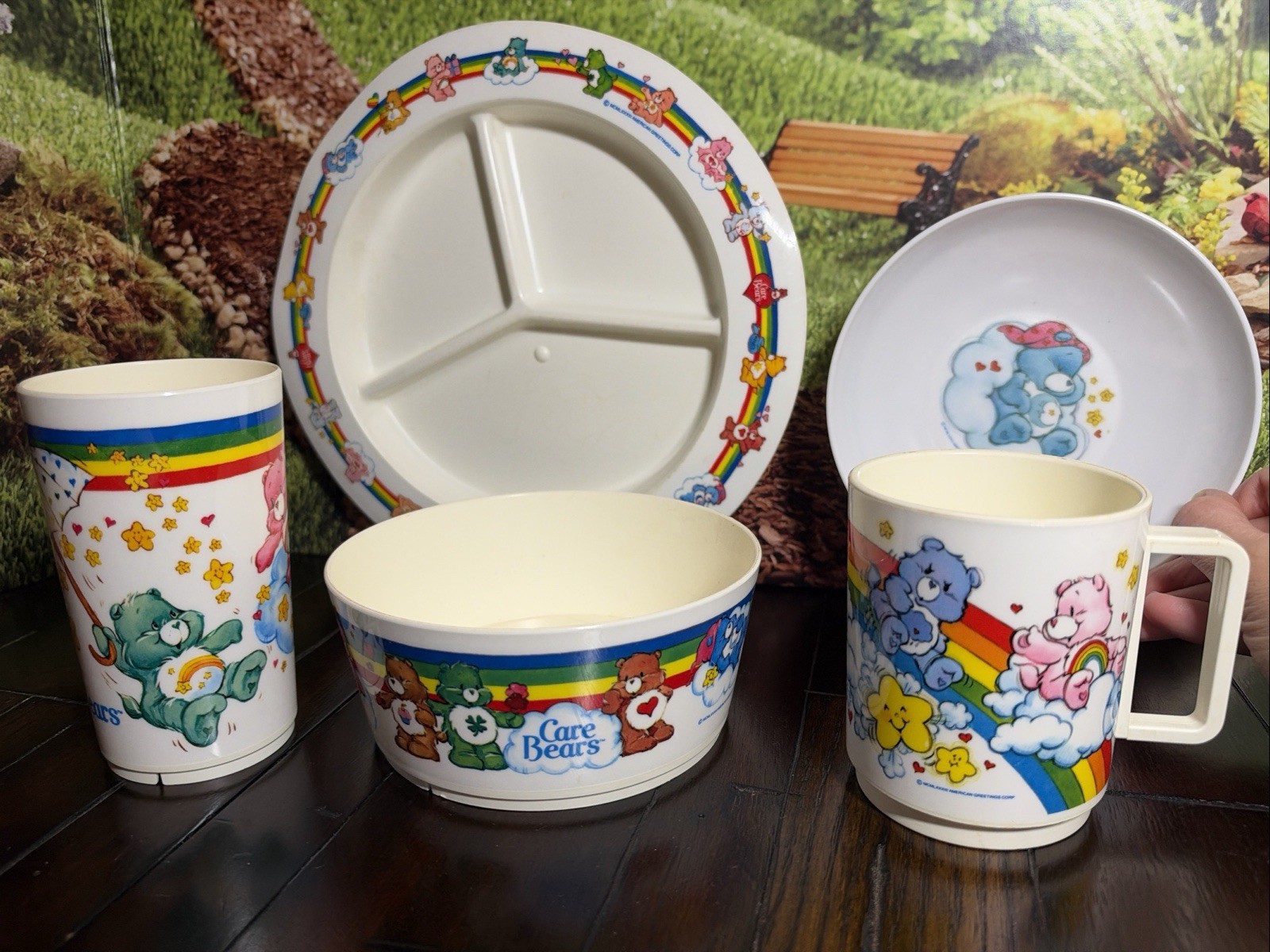 Vintage 1983 Care Bears Plastic Melamine Dishes Plate Bowl LOT Cup Mug Bowls +