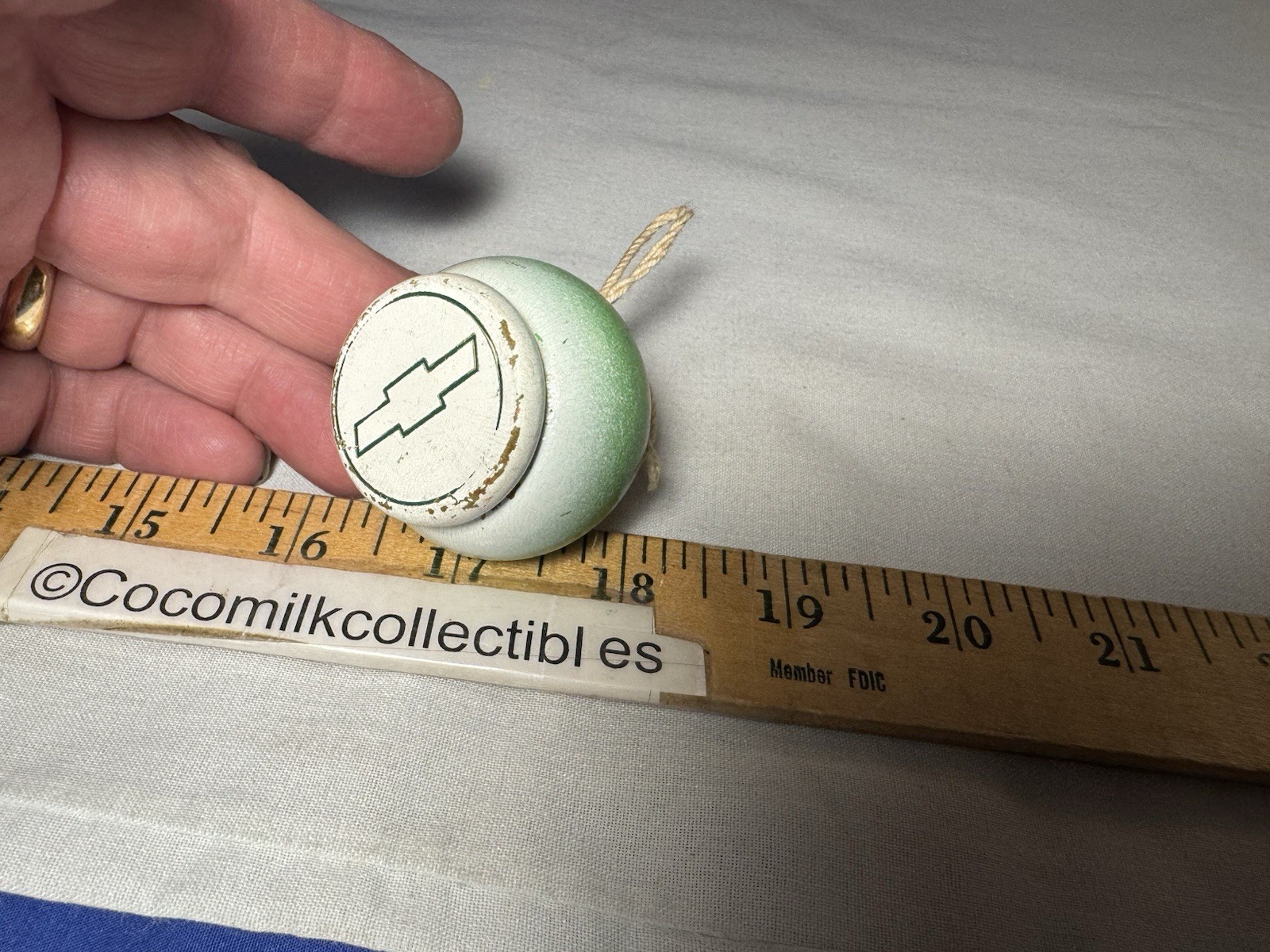 Vintage 1960's Chevrolet Wooden Spinning Toy Top with String Bowtie Logo unused