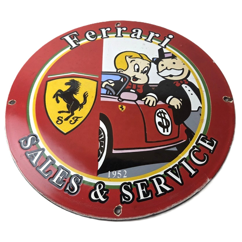 Vintage Ferrari Sign - Monopoly Richie Rich Porcelain Sign