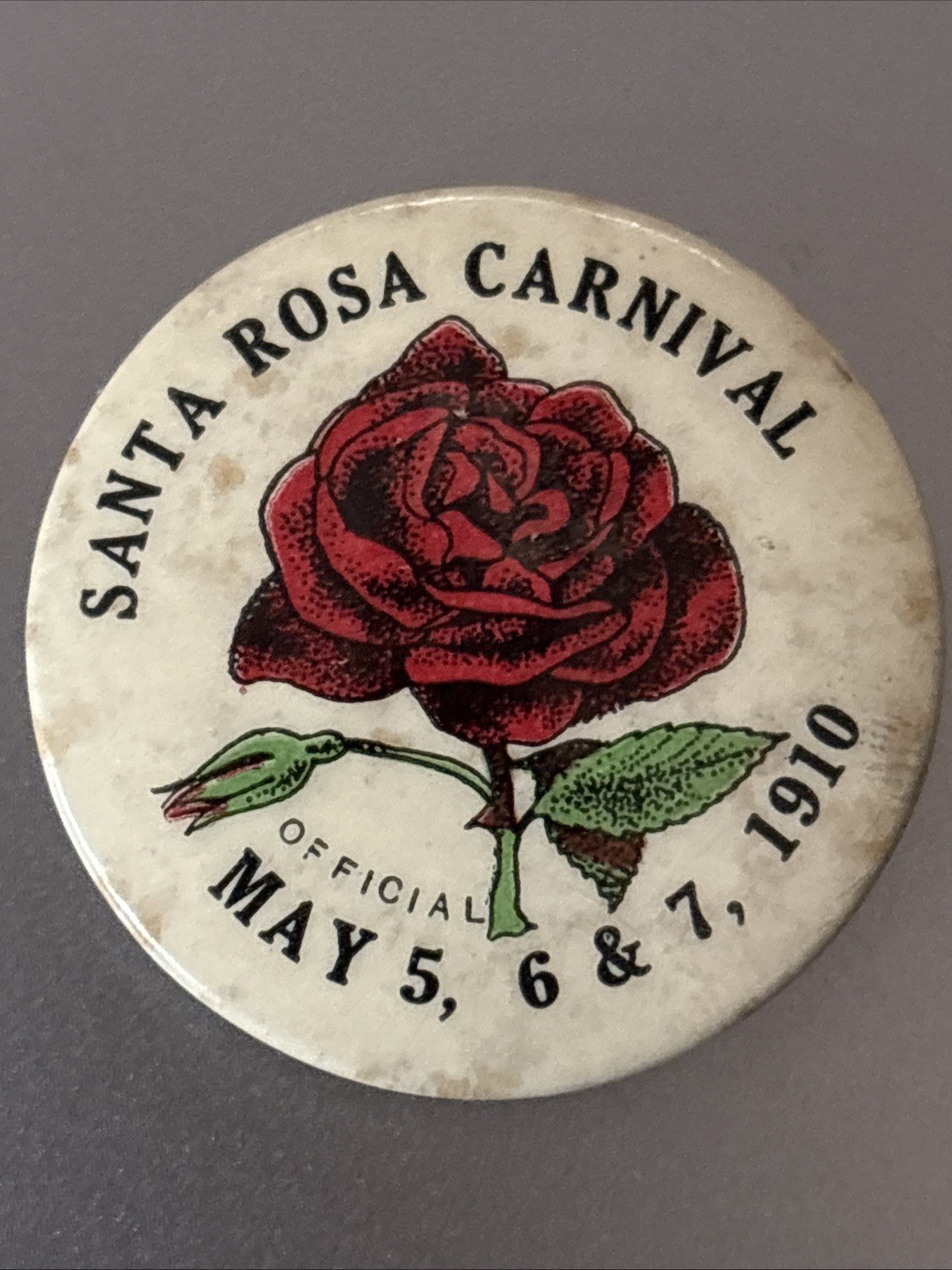 1910 Santa Rosa Carnival Official Rose Pinback Button Rose California