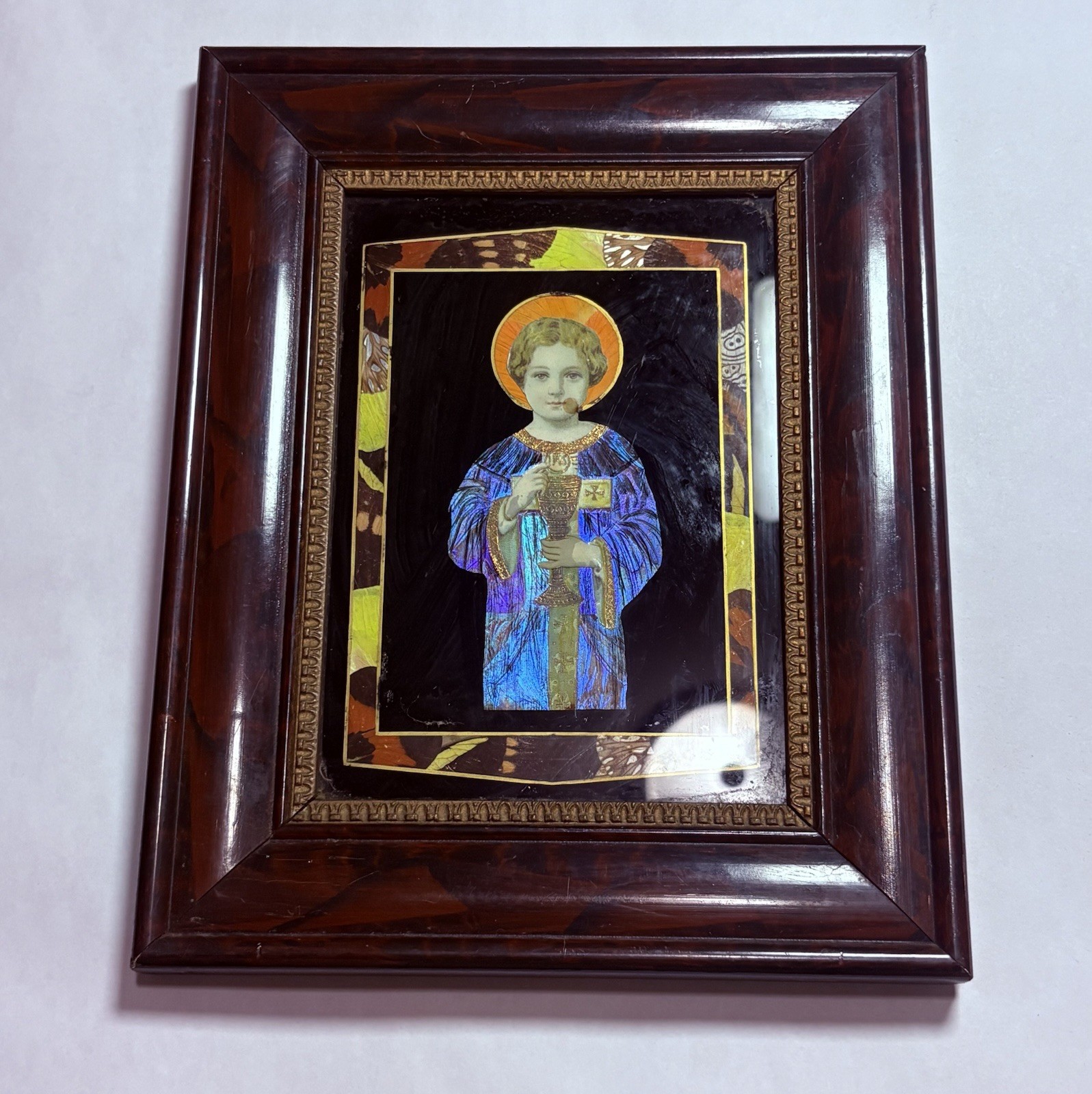 Very Rare Antique 1940s Child Jesus W/ Chalice Icon Iridescent Wood Frame Art BB
