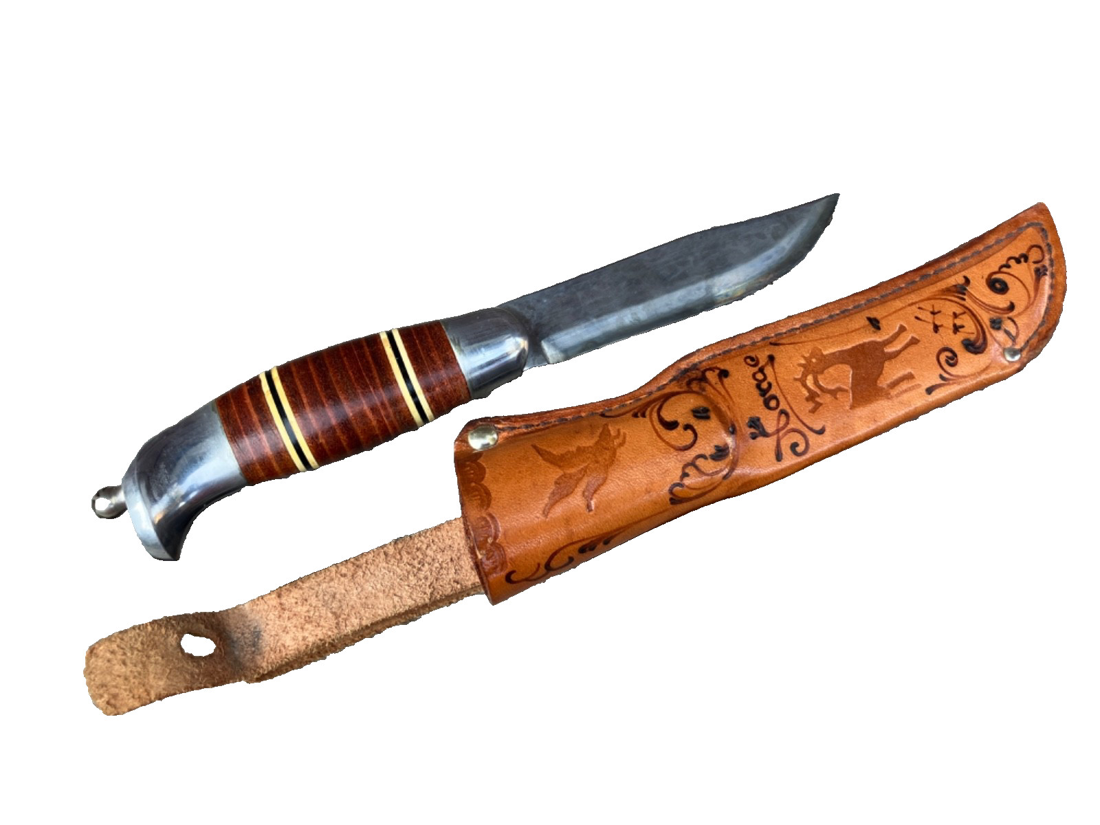 VTG BRUSLETTO GEILO NORWAY KNIFE STACKED LEATHER HANDLE w/SHEATH EXCELLENT