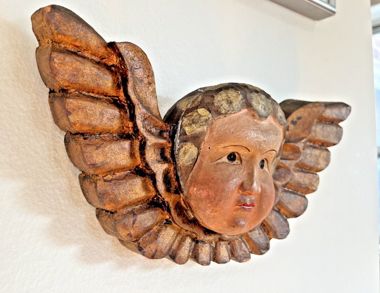 VTG Argentine Hand Carved Wood Angel Putto Cherub Head Wall Figure Polychrome