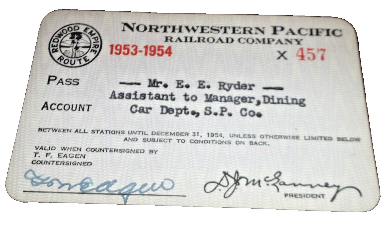 1953-1954 NORTHWESTERN PACIFIC RAILROAD EMPLOYEE PASS #457