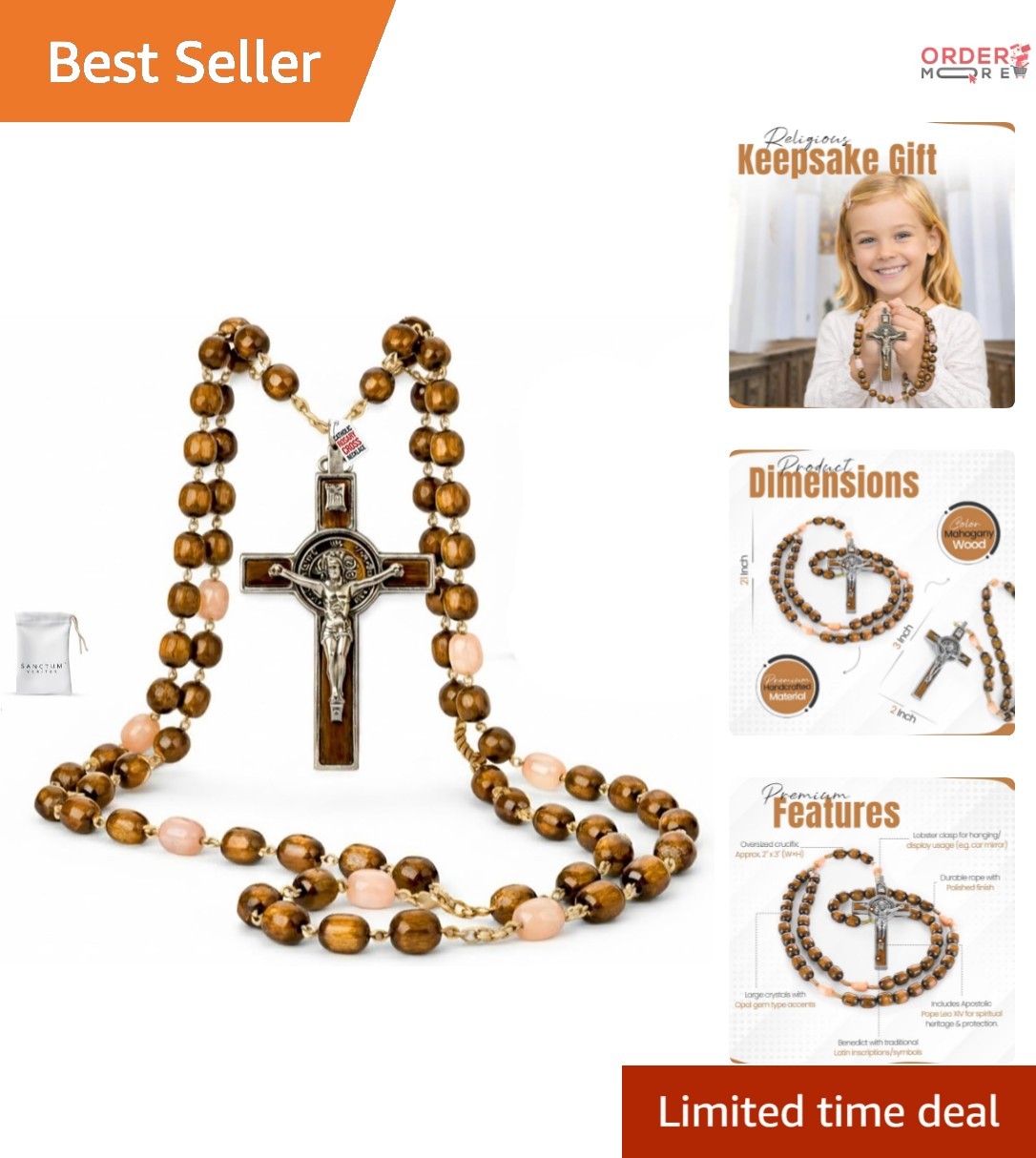 Catholic Rosary Necklace Large Mahogany Wood Beads Italian Prayer Beads