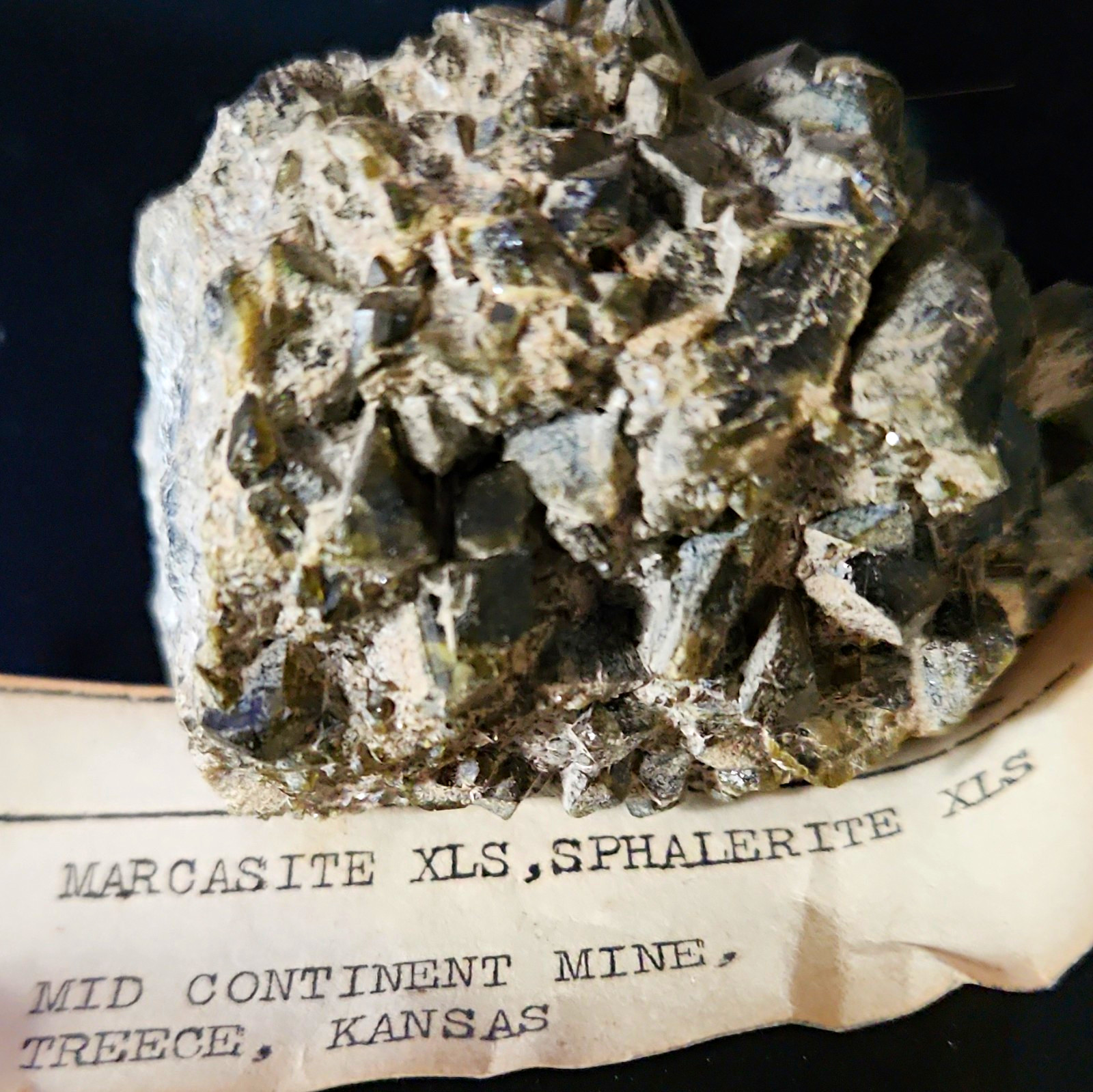 Marcasite Sphalerite Crystals Mid-Continent Mine Treece Kansas Vintage Label