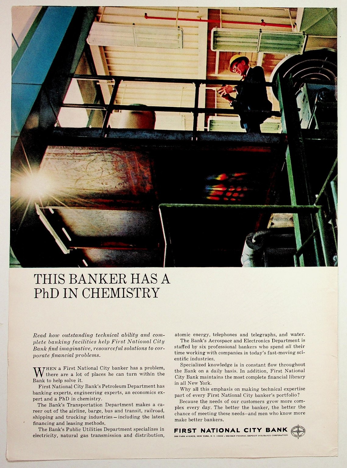 Vintage First National City Bank Ad PhD Chemistry Banker New York Finance