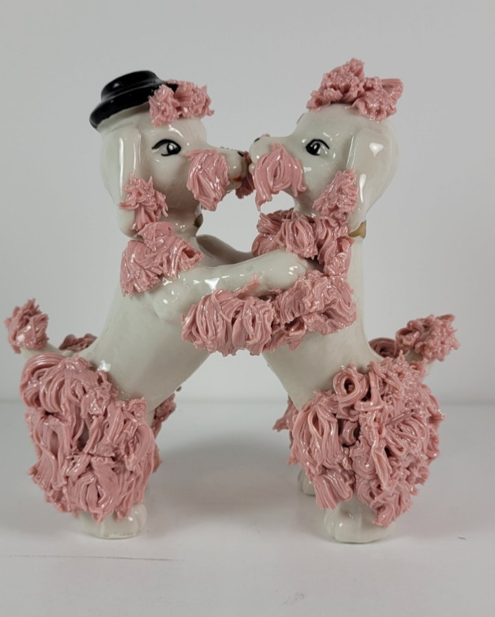 Vintage 1950s Handmade Spaghetti Poodle Pair Dancing Figurine w/Pink Flower Trim