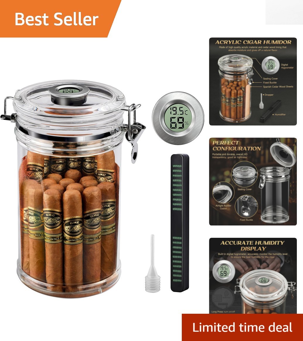 Stylish Digital Hygrometer Humidor Jar - Tall, Fits Long Cigars (15-20 pcs)