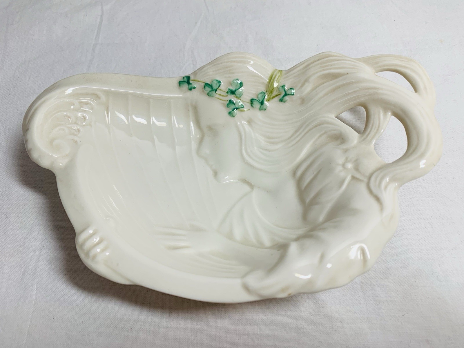 Vtg Irish Belleek Harp Shamrock Butter Plate Dish Irish Porcelain Blue 2nd Mark