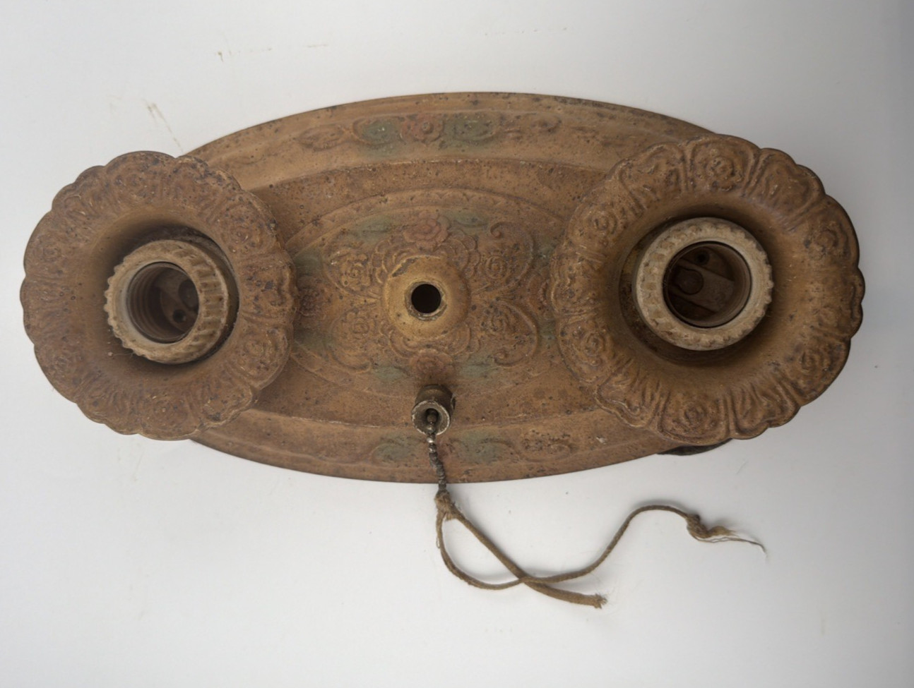 Antique 1930\'s Art Deco  2 Light Flush Mount Light Fixture Of Cast Iron