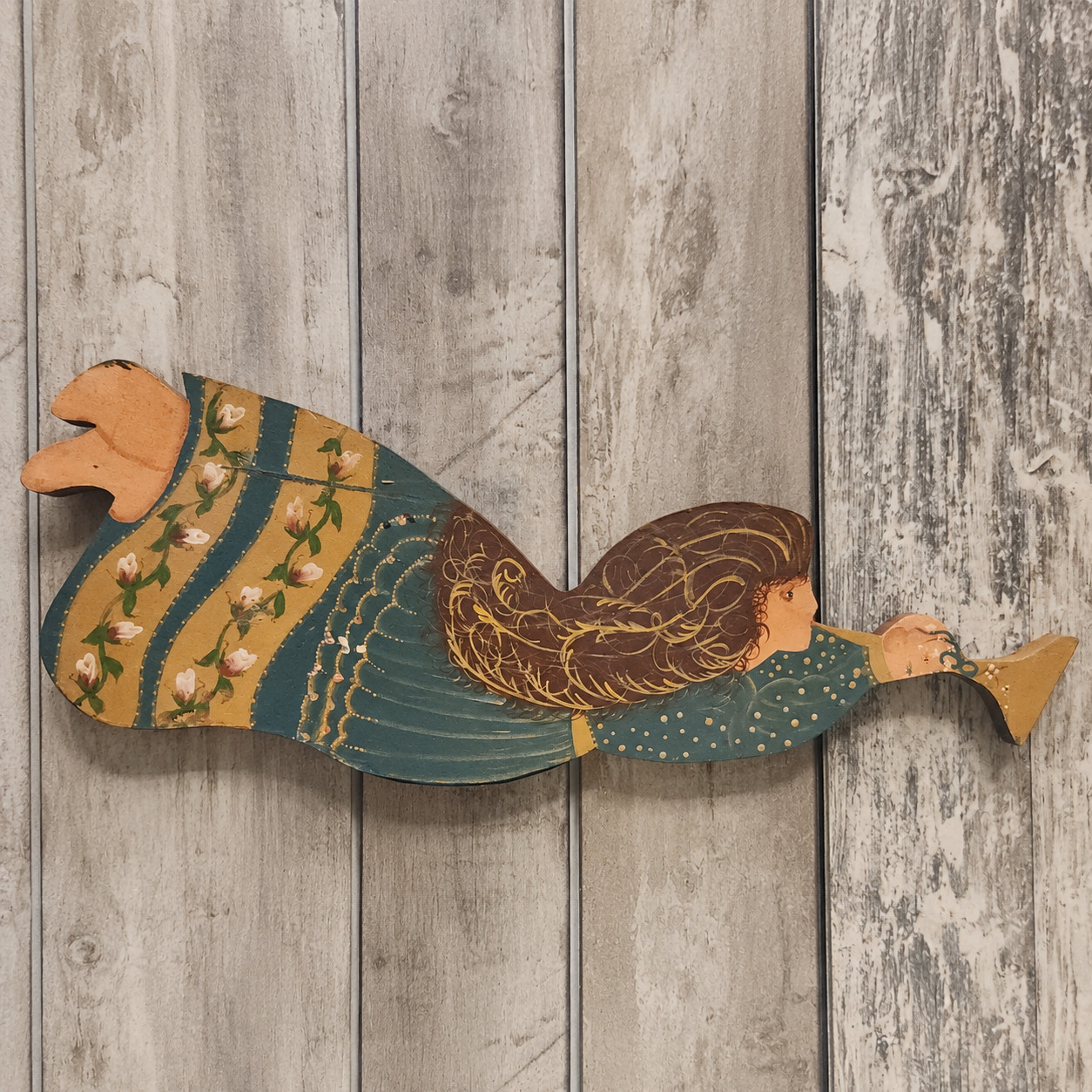 Vintage Wooden Folk Art Hand Painted Trumpeting Angel Signed 1983 Cottagecore