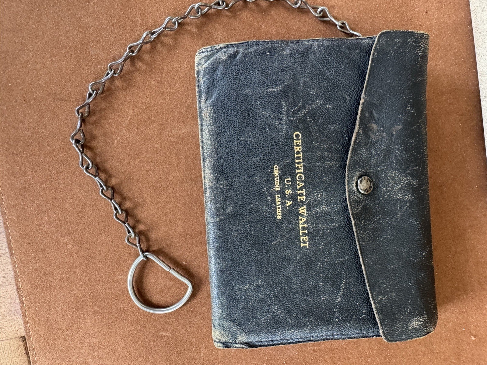Vintage 1940s Black Leather Merchant marine wallet with Crew Pass Wallet chain