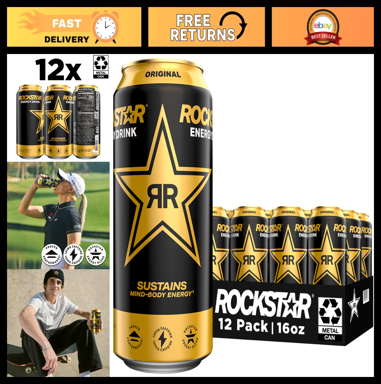 Original Energy Drink, 16 Fl Oz Cans, Pack of 12, Refreshing Boost, Energy Bever