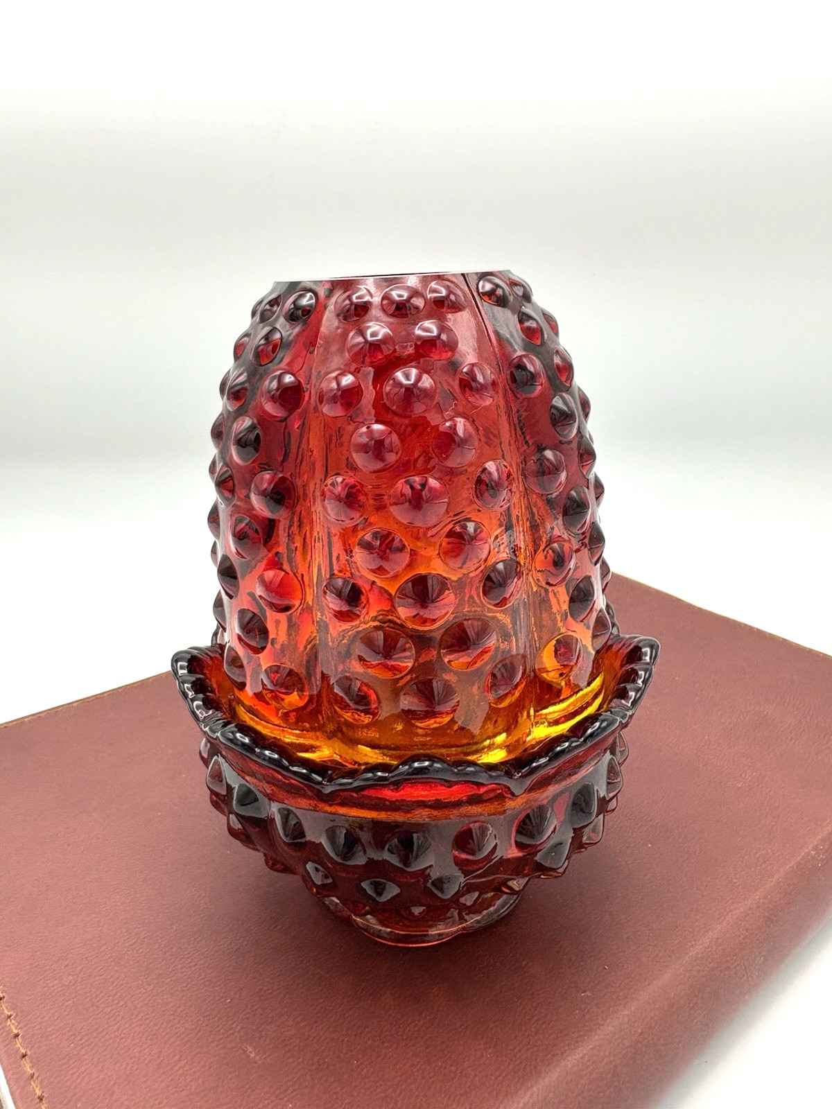 Vintage Fenton Fairy Lamp Amberina Hobnail MCM Orange Red Cadmium Glow