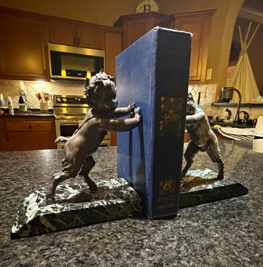 Antique Satyr Bronze & Marble Bookends, Circa 1890