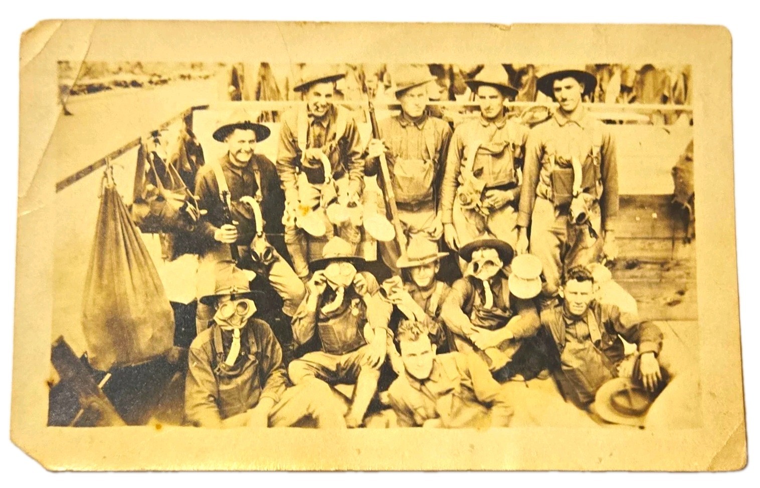 Vintage WWI Photo US Army Soldiers Doughboys Gas Masks Uniform Campaign Hat B&W 