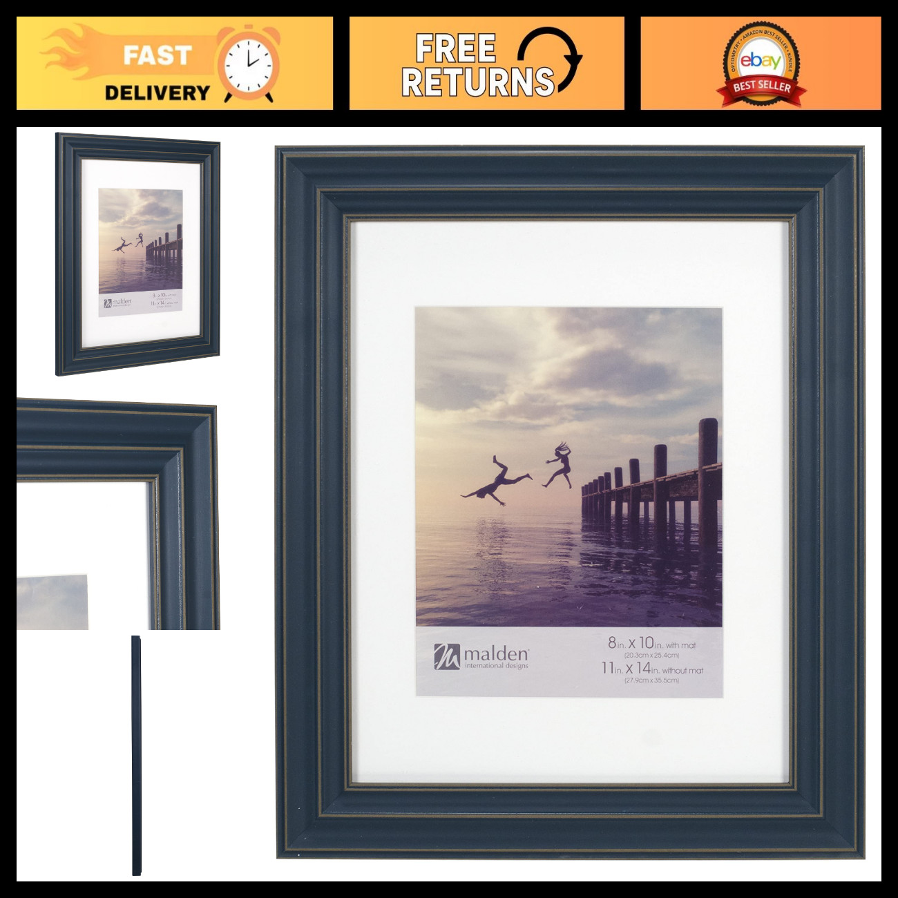 Malden International Designs 8x10 11x14 Rustic Blue Matted Picture Frame,2428-80