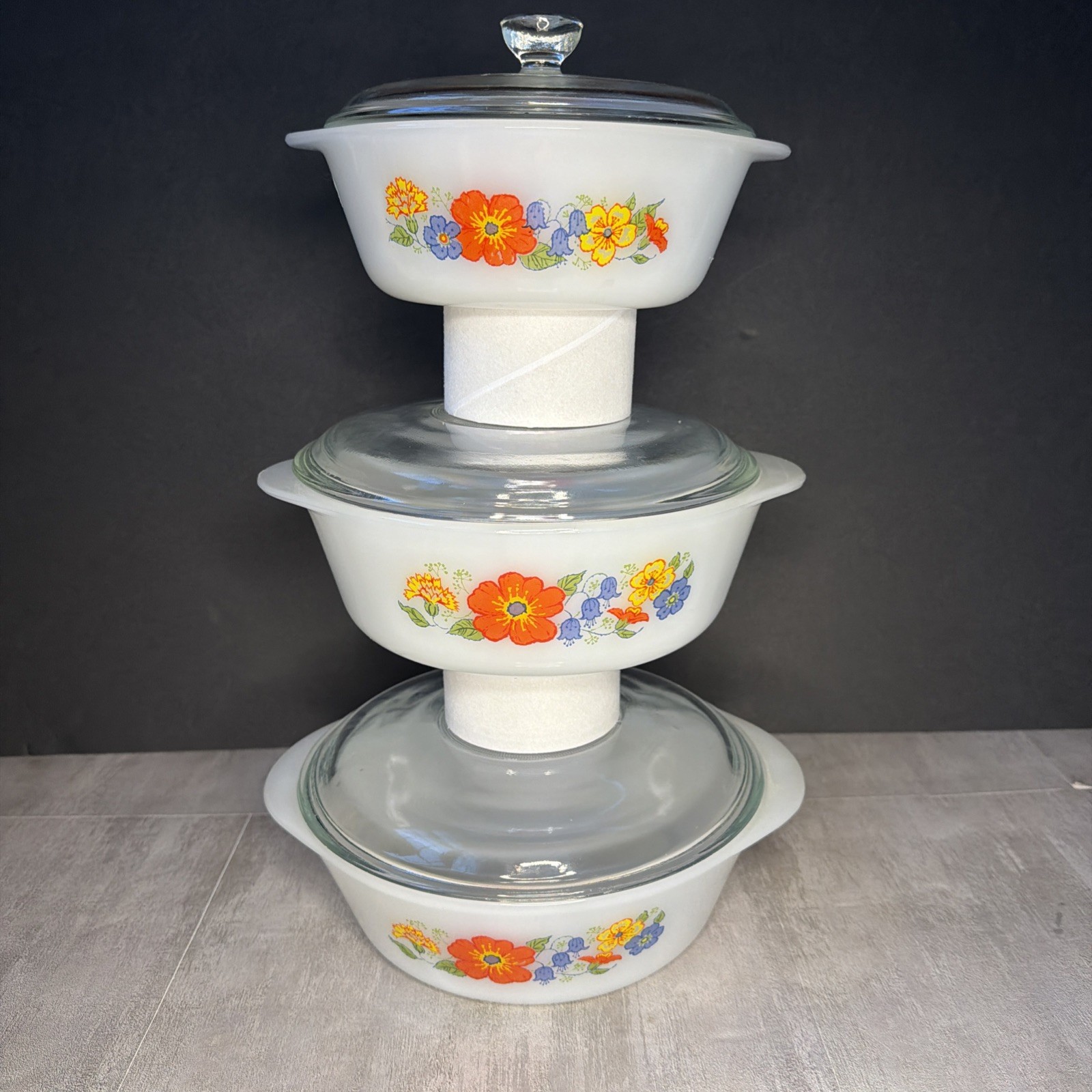 Vintage Glasbake Set of 3 White Milk Glass Wildflower Round Casserole
