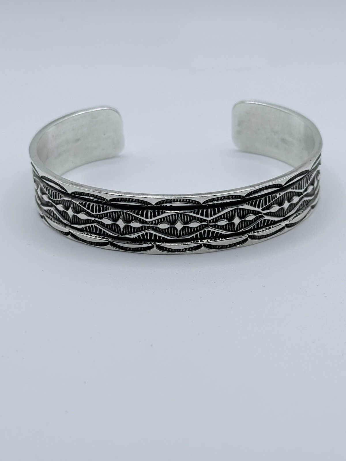 Native American Navajo Sterling Silver Geometric Design Cuff Bracelet Signed HRM