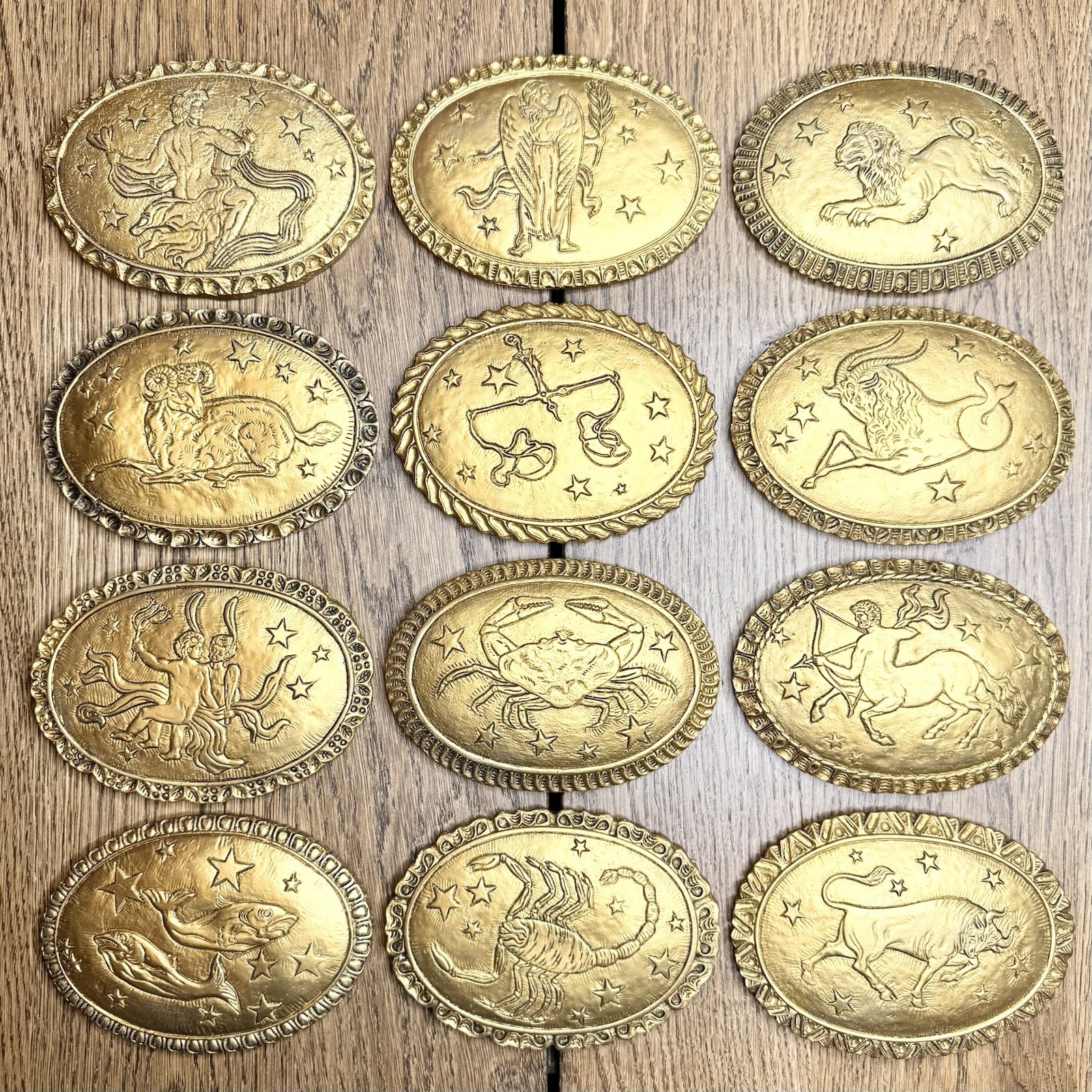 Vtg Gold Tone Zodiac Wall Plaques Complete Set 12 Oval Astrology Celestial 6