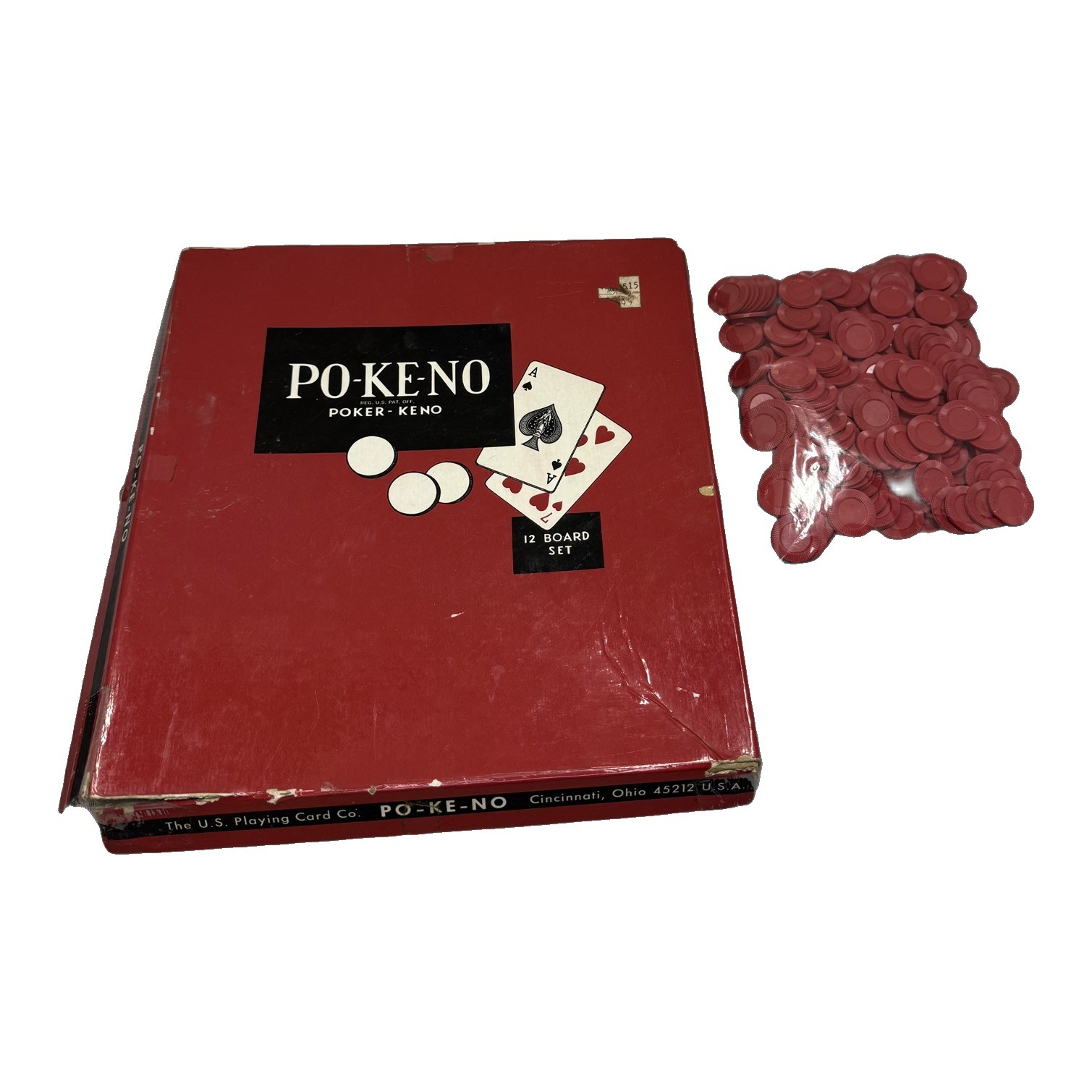 Vintage Po-Ke-No Poker Keno 12 Board Set US Playing Card Co Chips