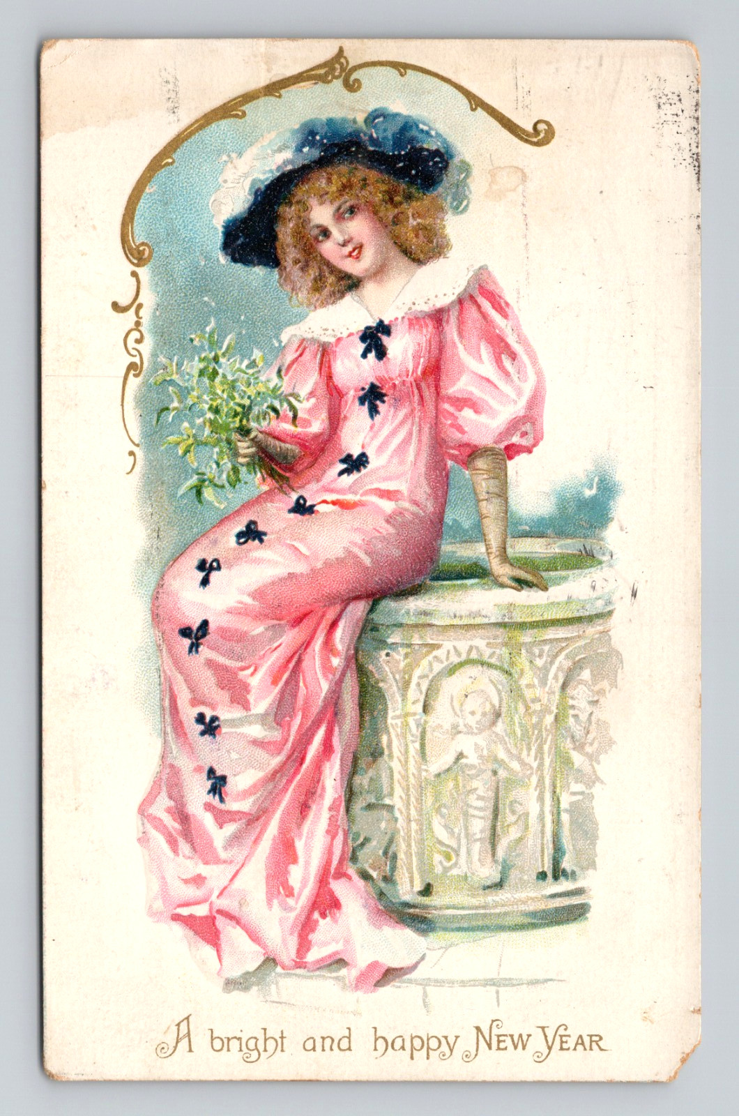 Postcard Beautiful Woman Long Dress Big Hat Flowers Portrait Tuck Embossed 1909