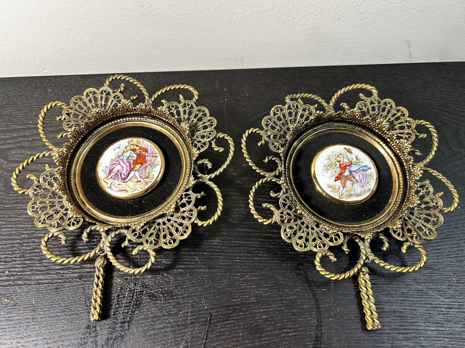 VGT Pair Limoges Gold Filigree Round Fragonard Porcelain Cameo Wall Hanging