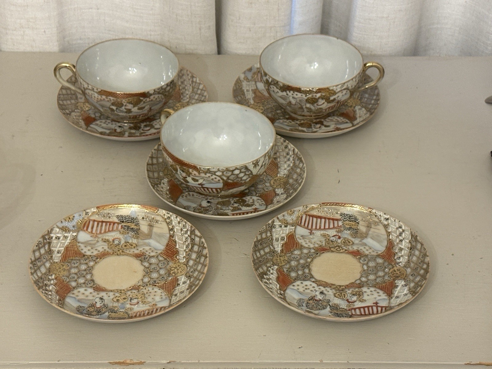 Antique Japanese Eggshell Porcelain Teacup Saucer Set Kutani Satsuma Karako 8pc