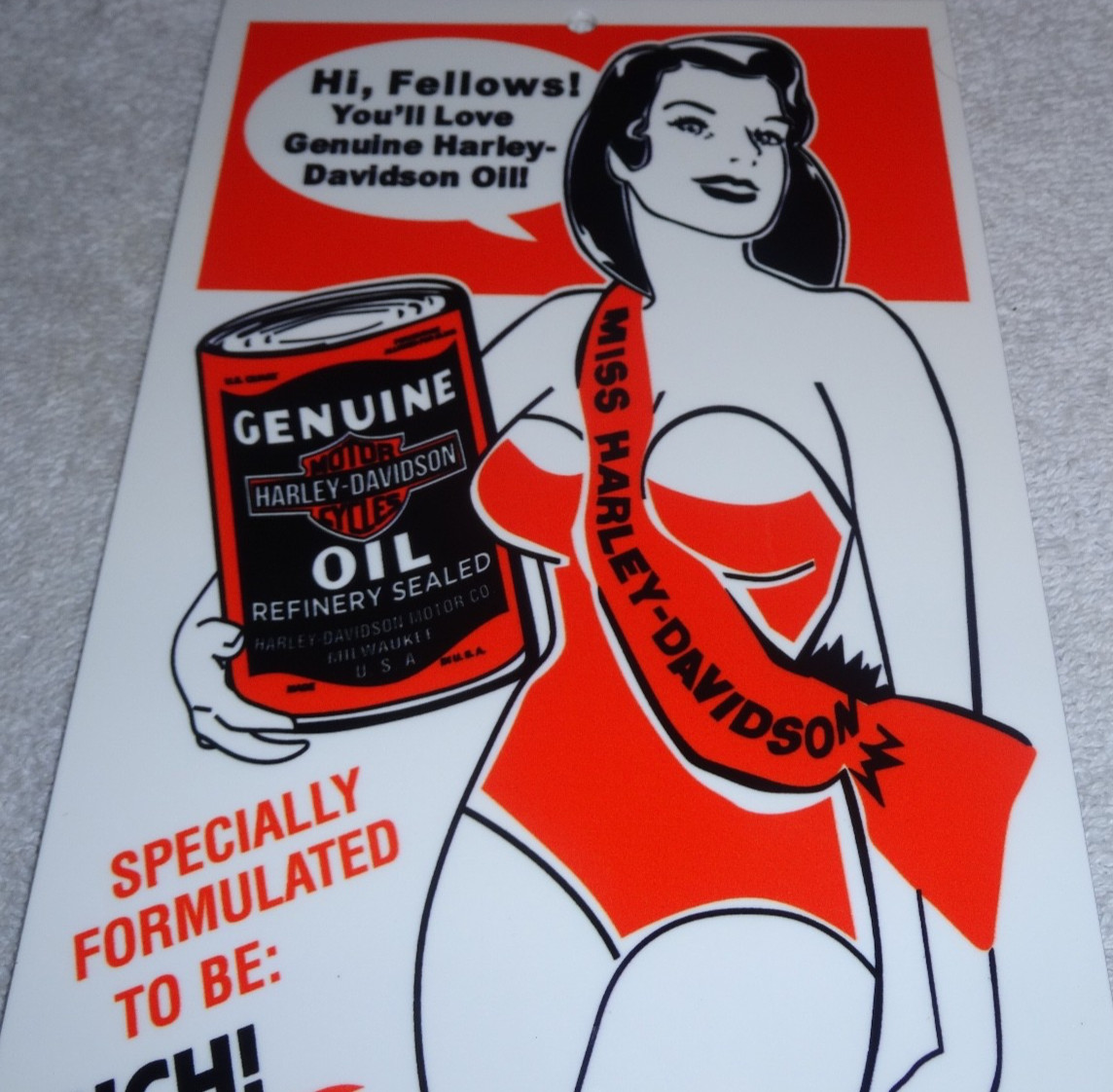 VINTAGE HARLEY DAVIDSON MOTORCYCLES WOMAN +LARGE OIL CAN 15