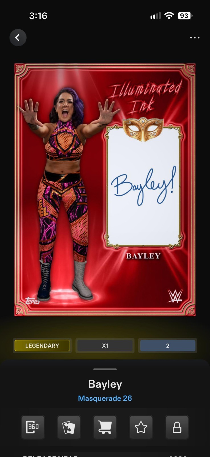 Topps WWE Slam 2026 Masquerade Red Illuminated Ink Bayley /5