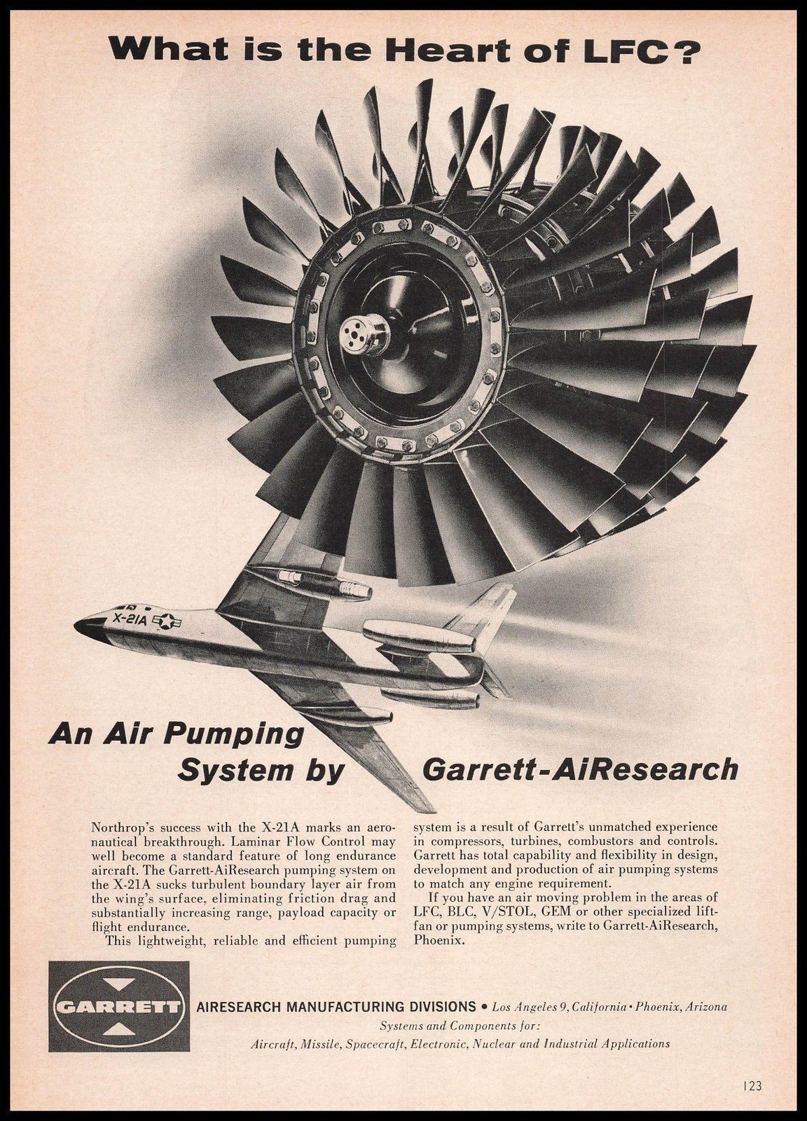 1964 Garrett AiResearch Phoenix Arizona Northrop X-21A Air Pump Vintage Print Ad