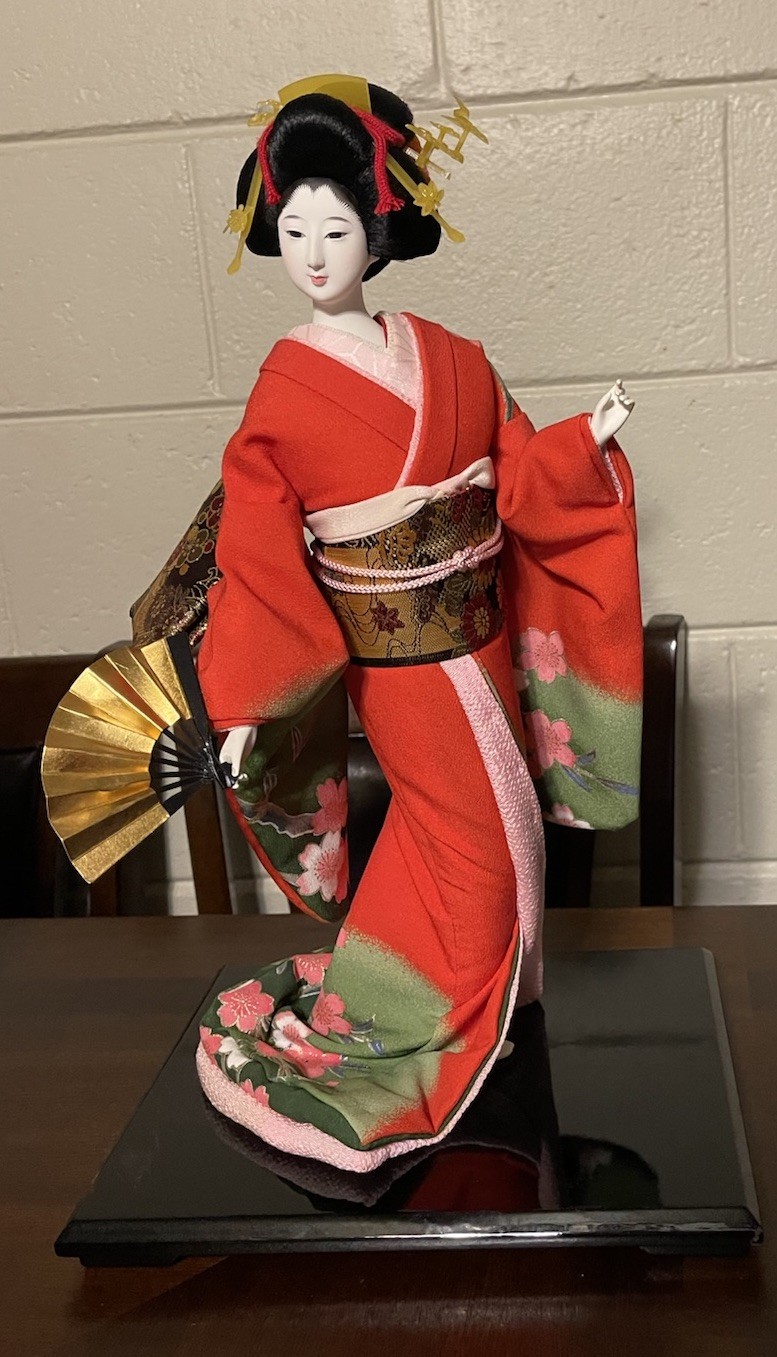 Vtg Japanese Geisha Obama Doll 16.5” Tall Red Silk Kimono Model 1014 Midcentury