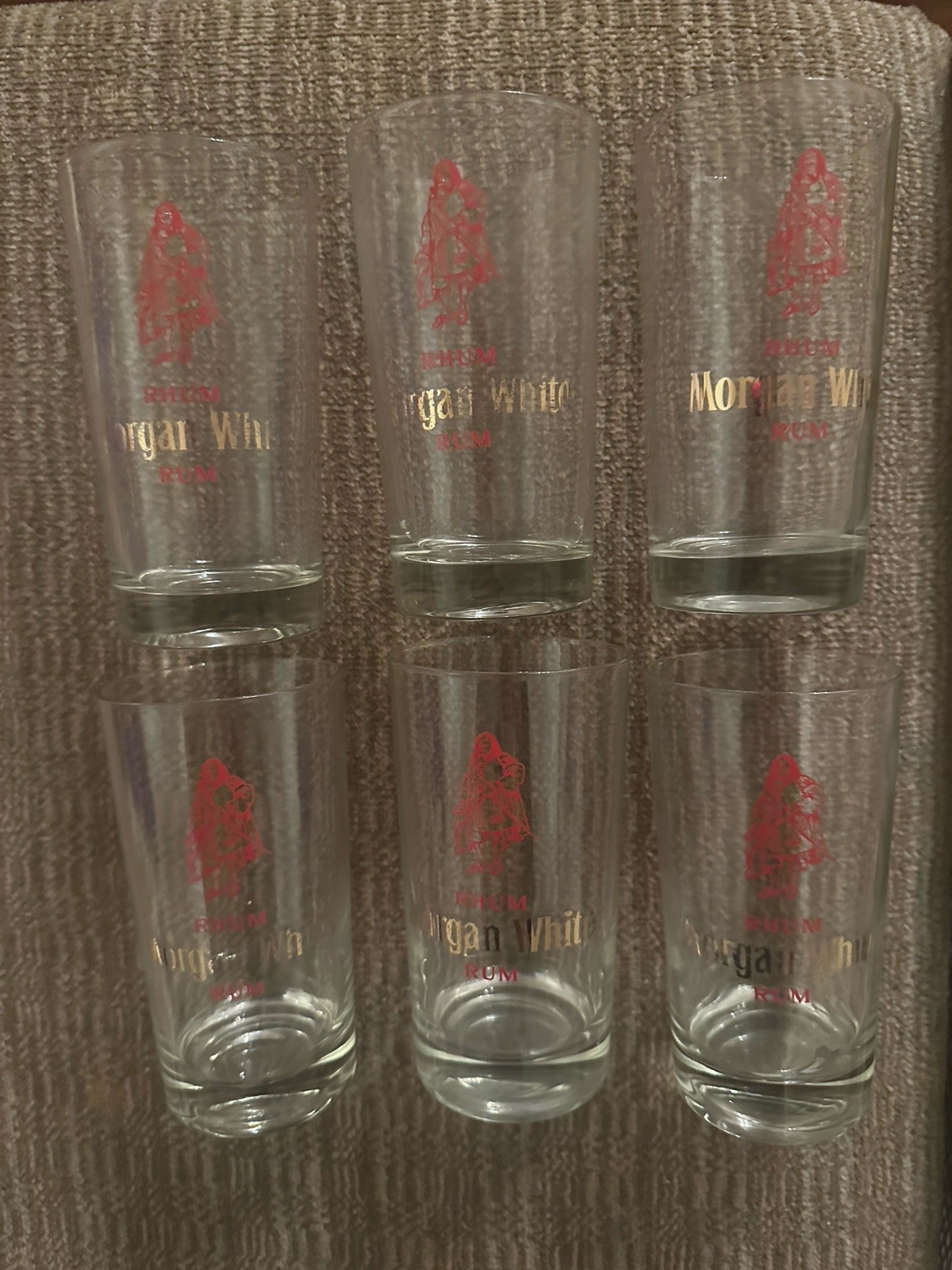 6 Vintage Morgan White Rhum Glasses Red/Gold Logo RARE VALUED AT $275