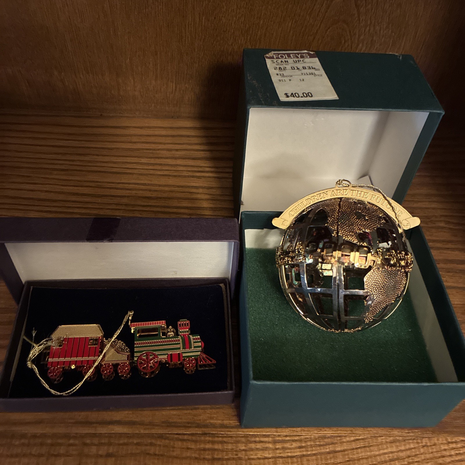 Baldwin USA 24K Gold Plated Brass 2000 Train & Globe Christmas Ornaments