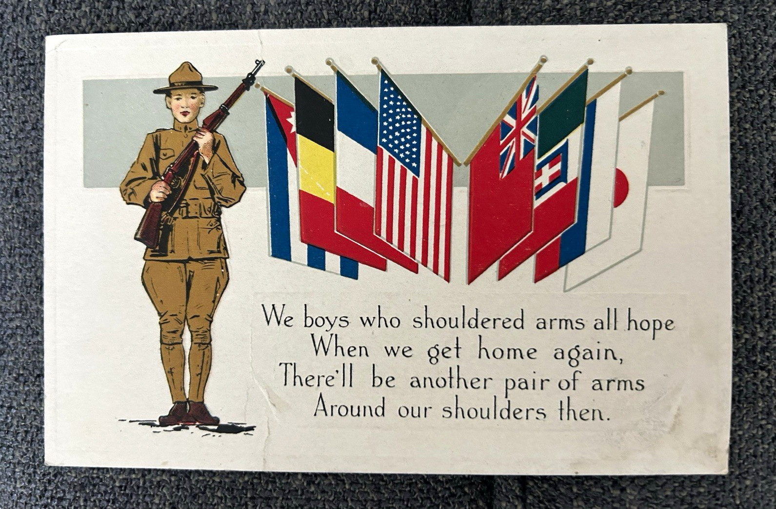 WWI Patriotic Soldier Allied Flags Postcard Unposted Divided Back Lithograph