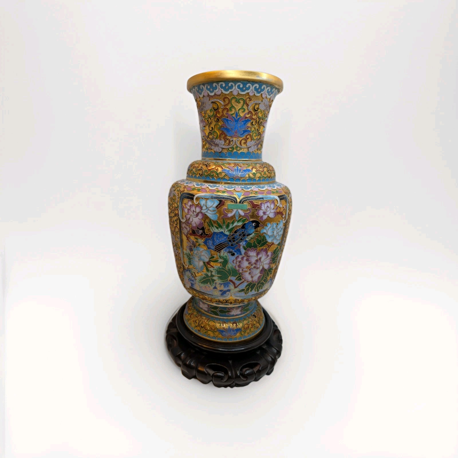 Vtg Chinese Raised Relief Cloisonné Vase Peony Bird Motif with Stand 15