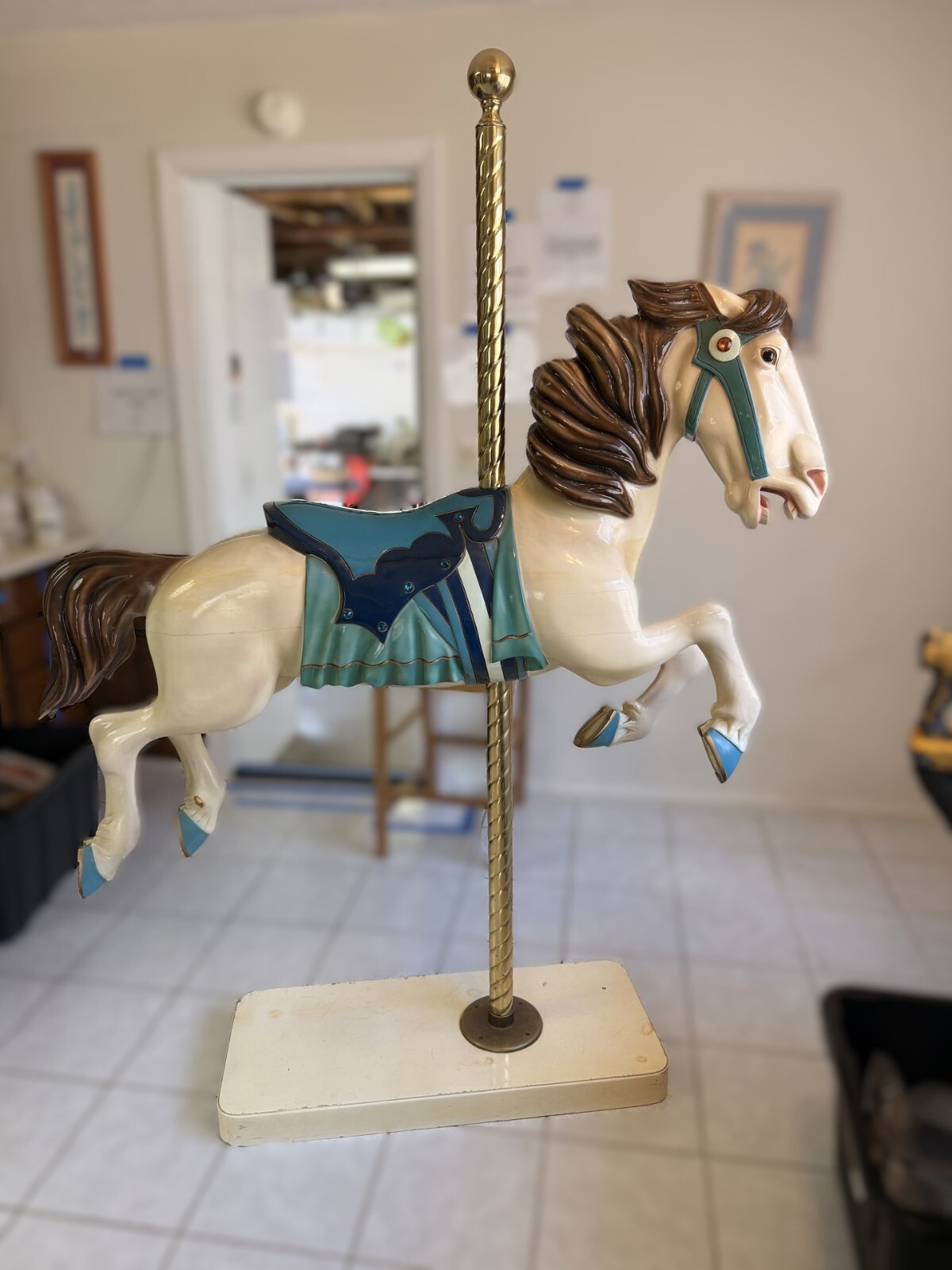 S&S Woodcarvers Large Hand Carved Wood Carousel Horse Signed Gabriel Brass Pole