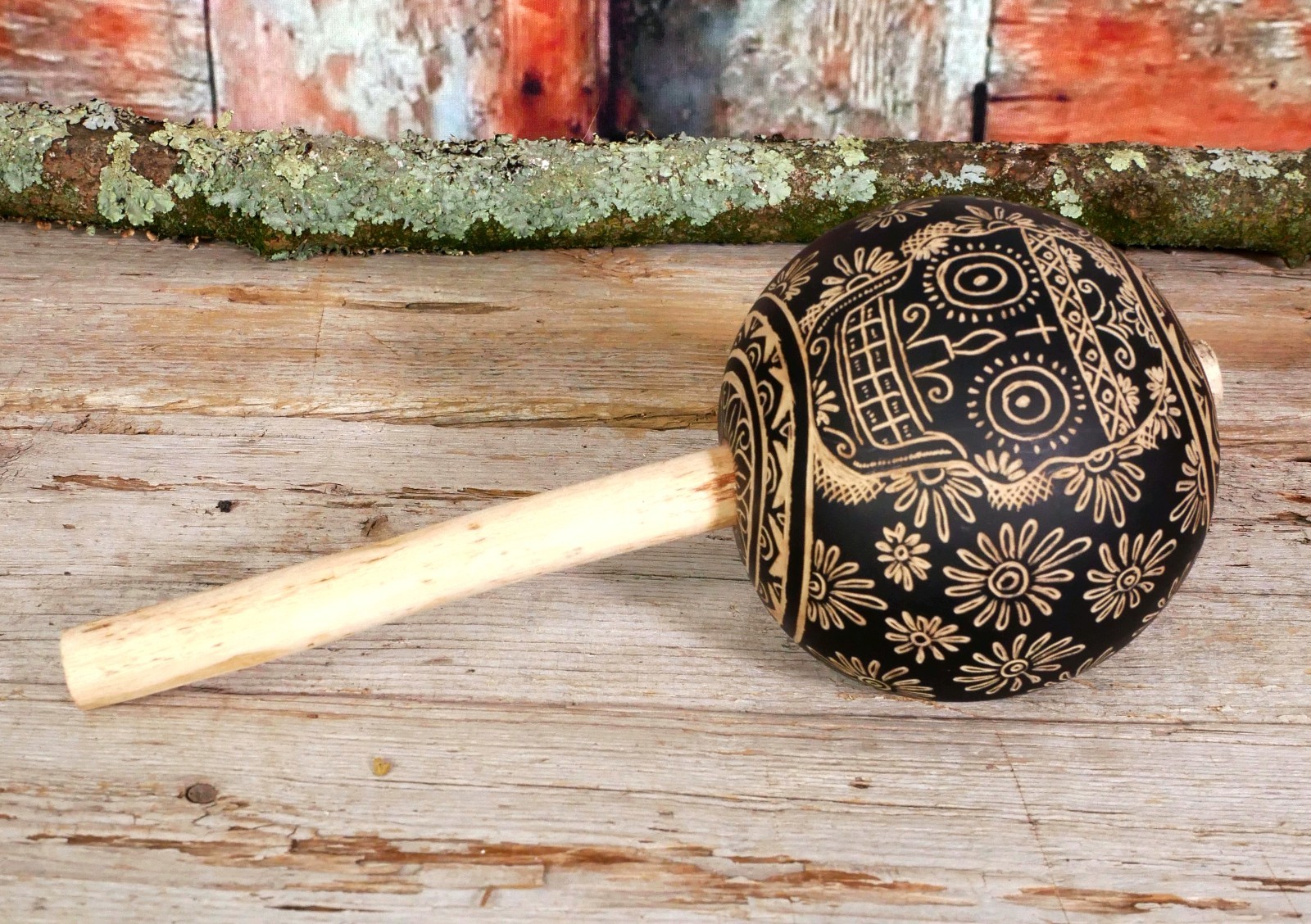 Day of the Dead Maraca Skull Handmade Hand Carved Gourd Oaxaca Mexican Folk Art