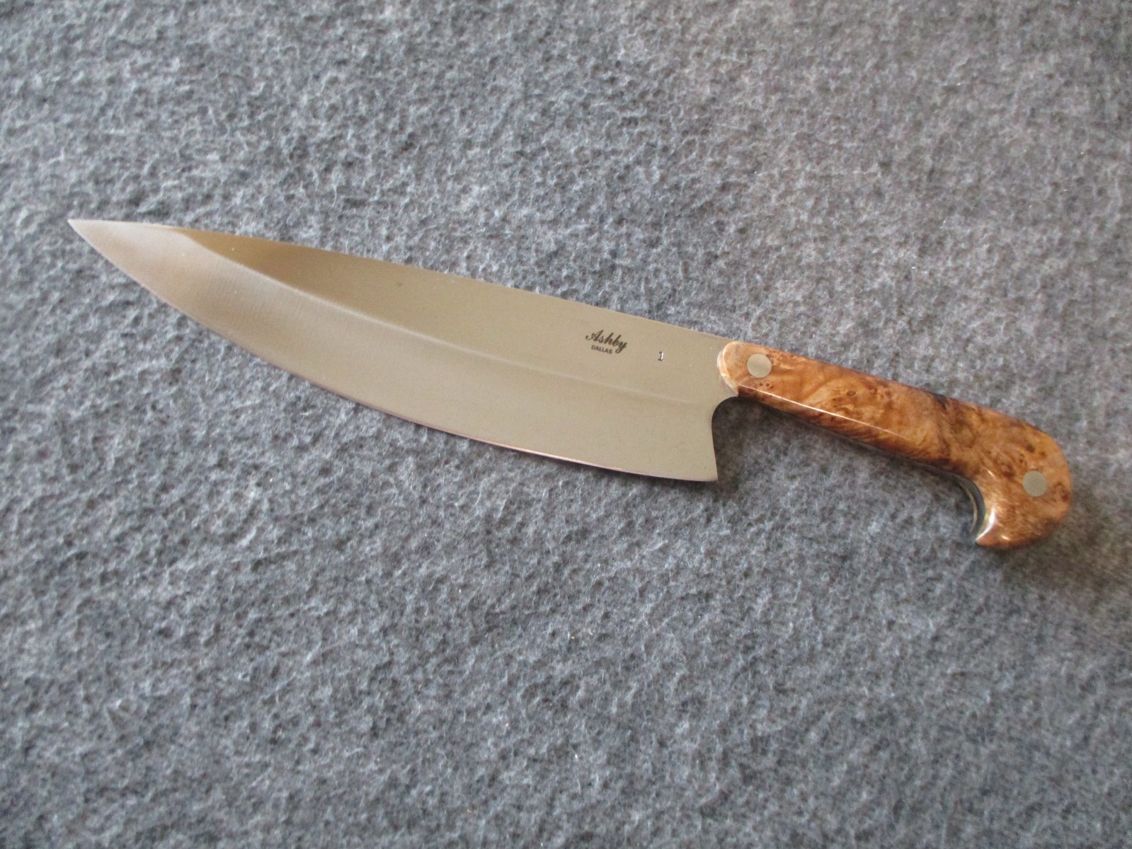 DOUG ASHBY CUSTOM CHEFS KNIFE BURL WOOD HANDLE - DALLAS TX - STAMPED # 1
