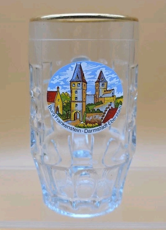 German Glass Beer Mug Burg Frankenstein Darmstadt Eberstadt Gold Rim Excellent