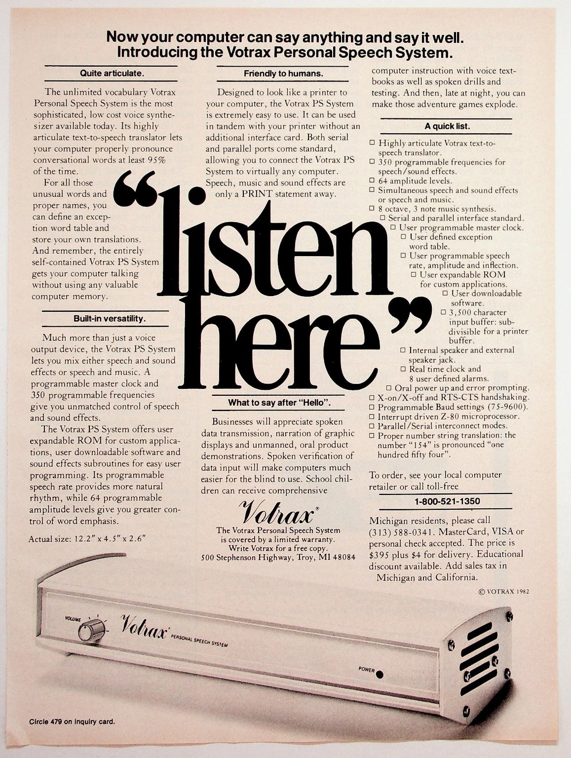 1982 Votrax Personal Speech System Computer Voice Synthesizer Ad Ephemera