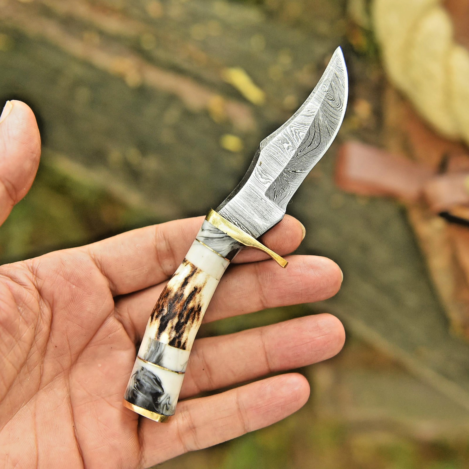 Mini Handmade Damascus steel Fix Blade Knife Tactical Original StagAntler Handle