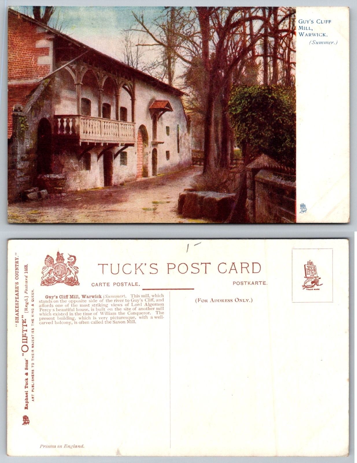 Guy's Cliff Mill Warwick England Raphael Tuck Postcard
