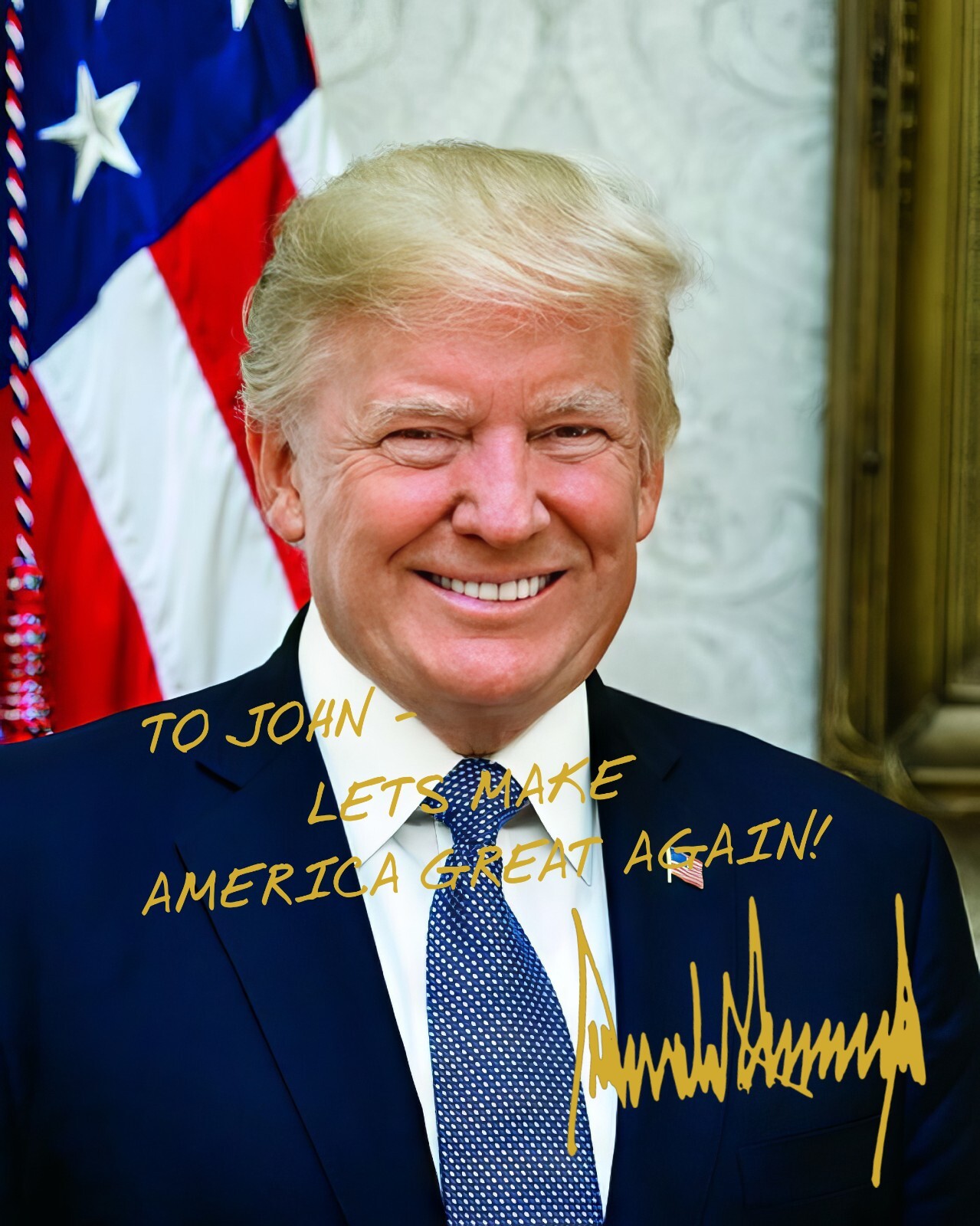PERSONALIZED PRESIDENT DONALD TRUMP MESSAGE GOLD AUTOGRAPH V2 8X10 CUSTOM PHOTO