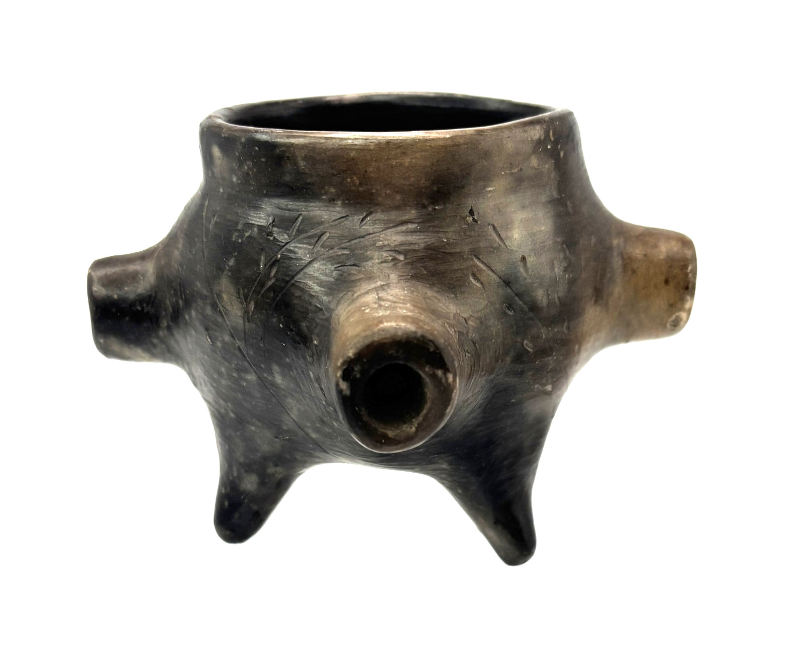 Native American Catawba 4 Stem Ceremonial Burnished Pottery Pipe, c 1930