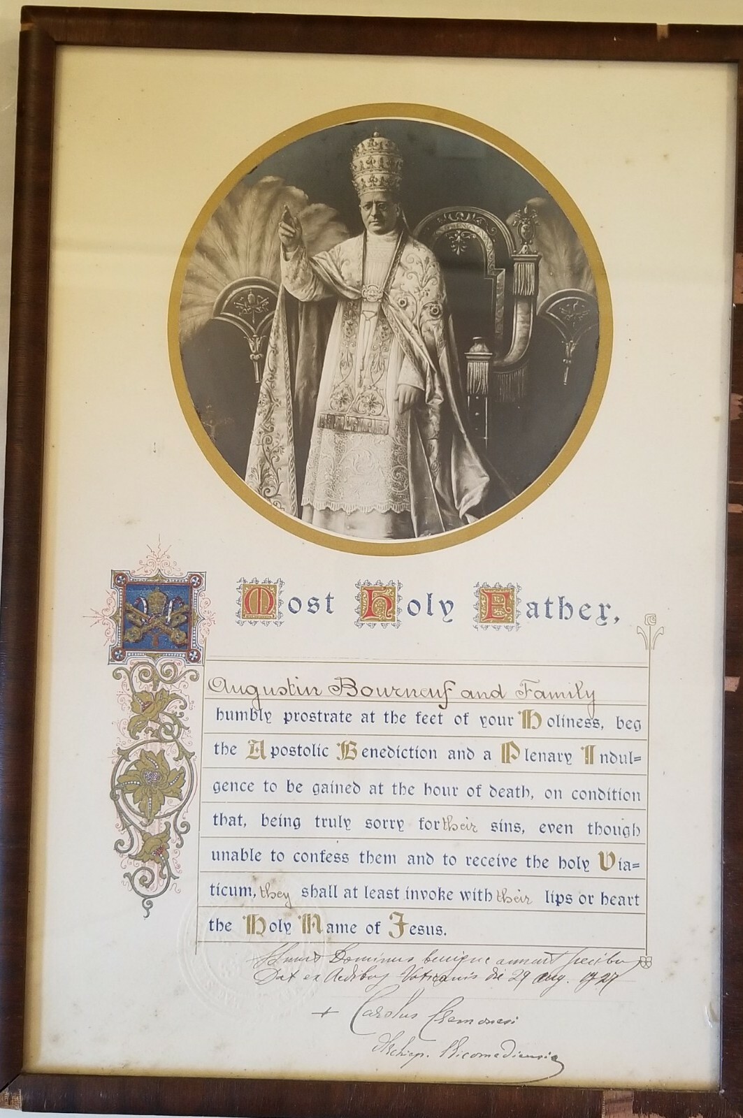 Signed 1927 Pope Pius XI Apostolic Benediction Plenary Indulgence Death Sin Doc