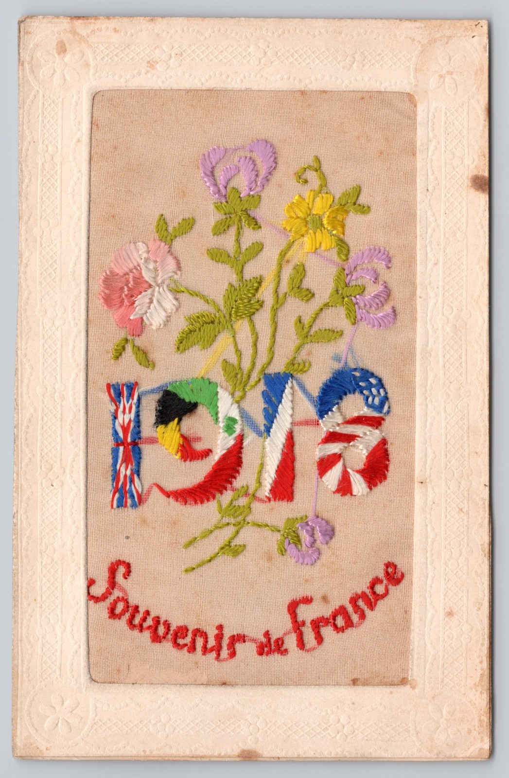 France Allied Flags 1916 Souvenir De France Embroidered Silk Postcard