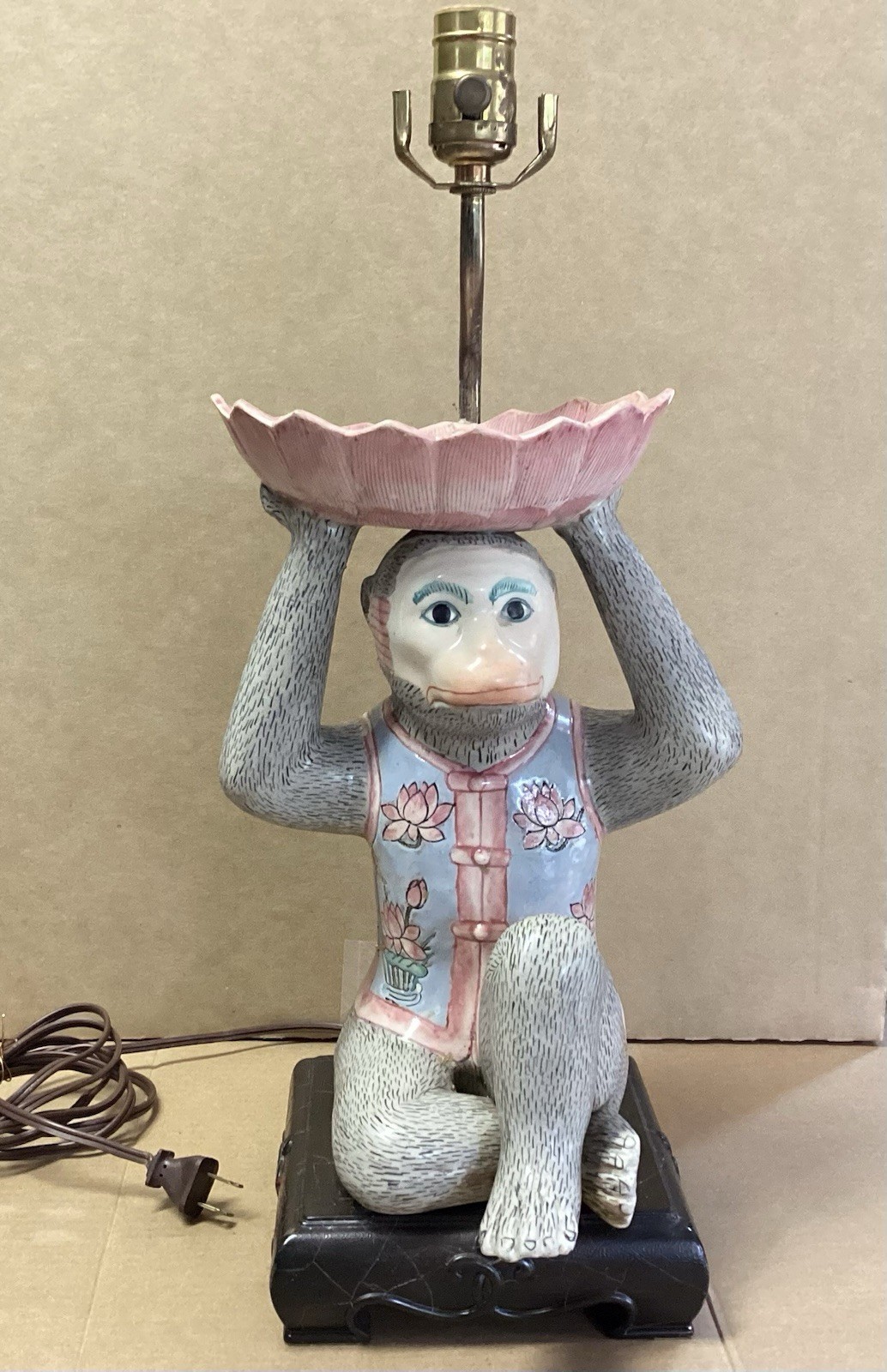Vintage Ceramic Chinoiserie Monkey Holding Bowl Lamp